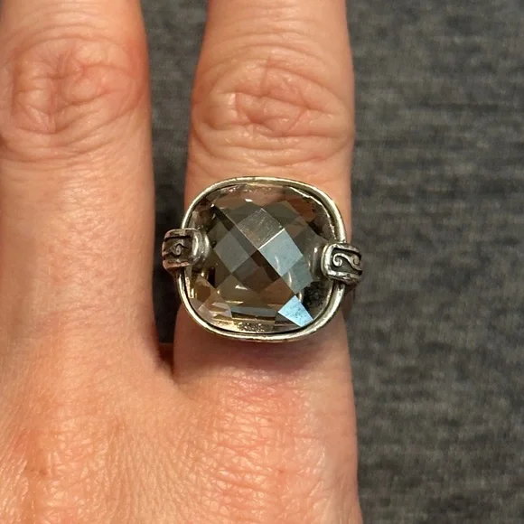 Brighton Square Smoky Quartz Gem Silver Cocktail Ring w Decorative Design, Sz 7 - Picture 1 of 10